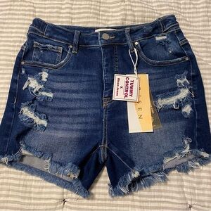 Tummy Control High-Rise Distressed Denim Shorts - Dark Blue